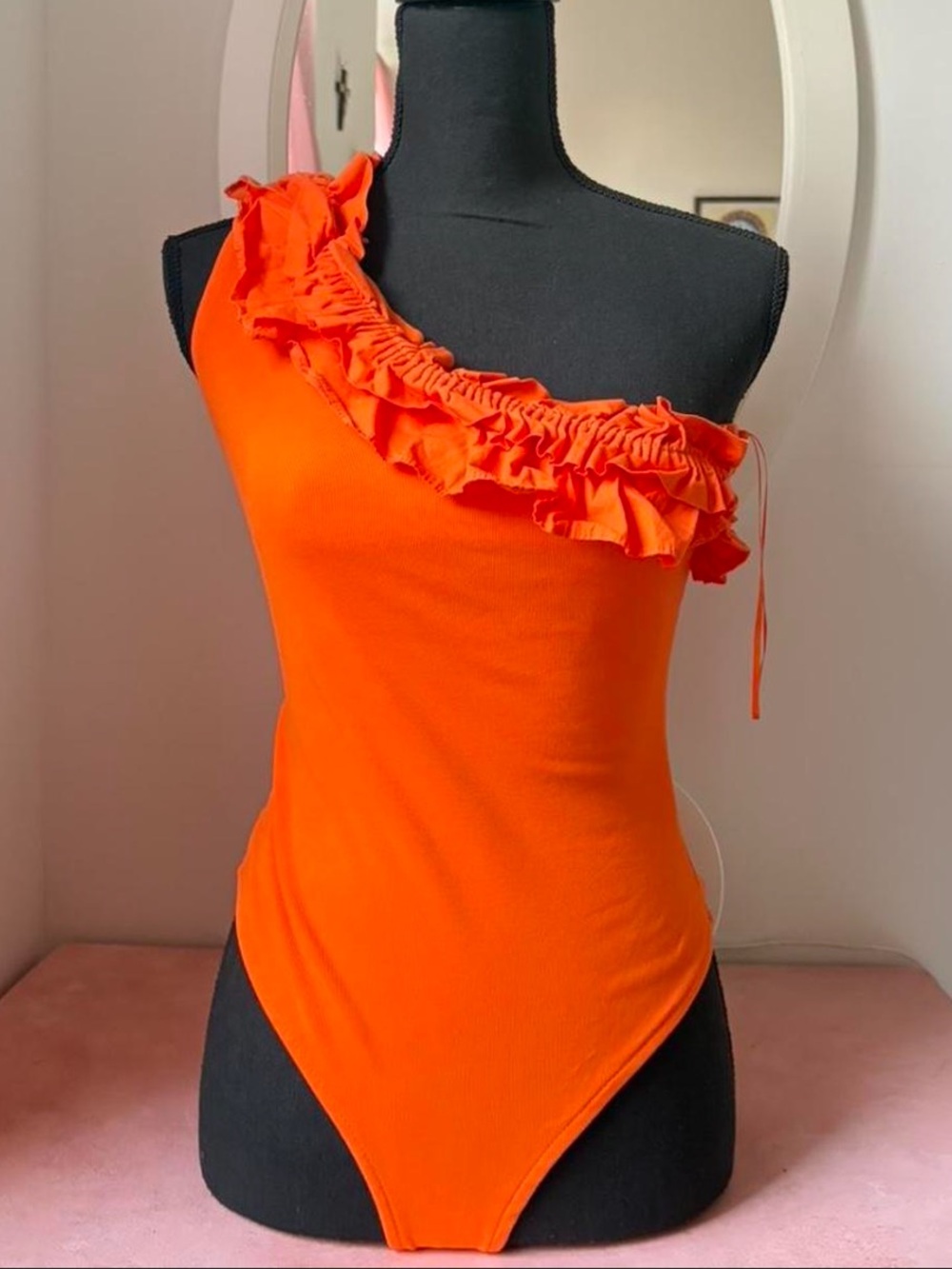 Endless Rose Orange One-Shoulder Ruffle Bodysuit